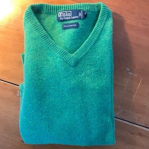 Polo Ralph Lauren Sweater Mens Large Lambs Wool VNeck Italian Yarn Geen Pullover